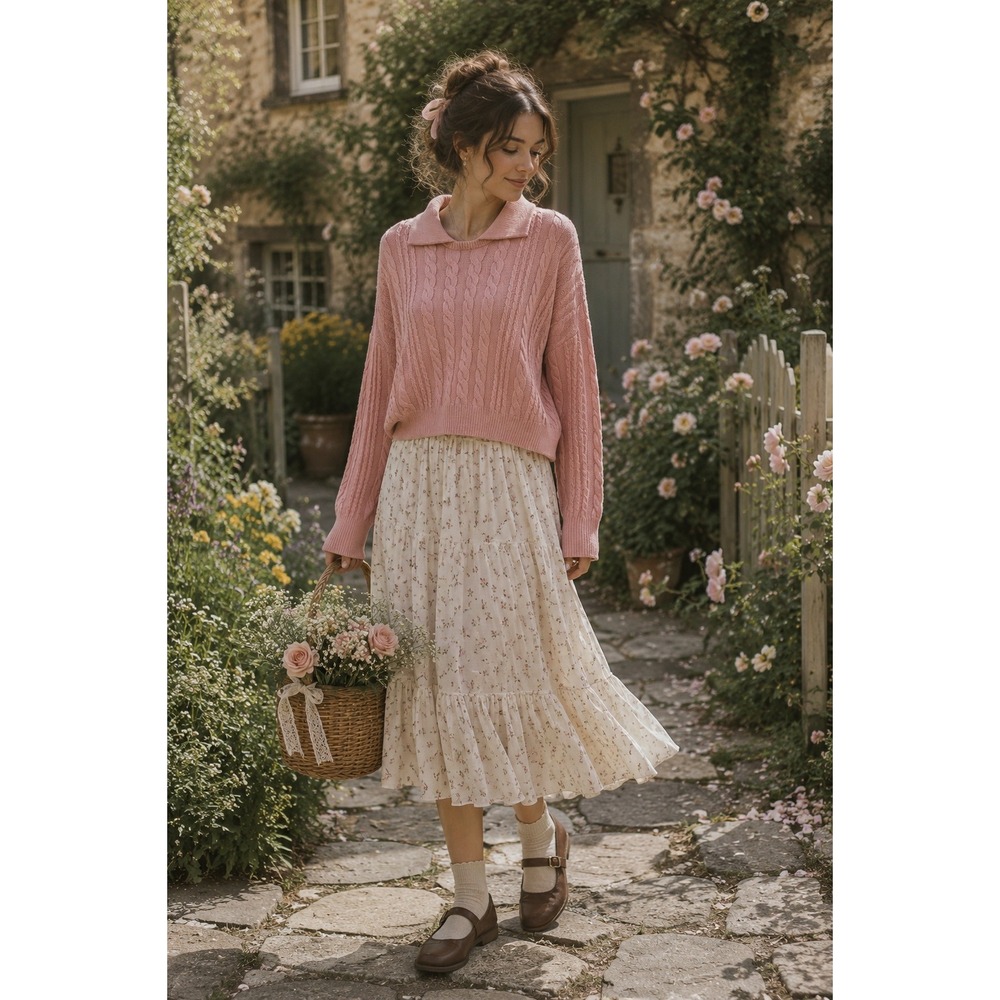 Boho Cottagecore Banana Republic Atacama Pink Cable Knit Collar Sweater XXL NWT